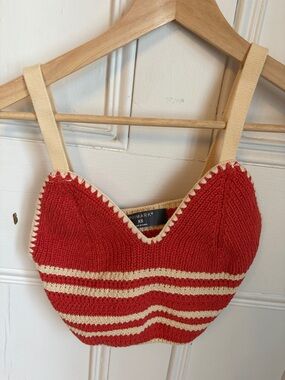 Primark Red and Cream Striped Cropped Knit Tank Top